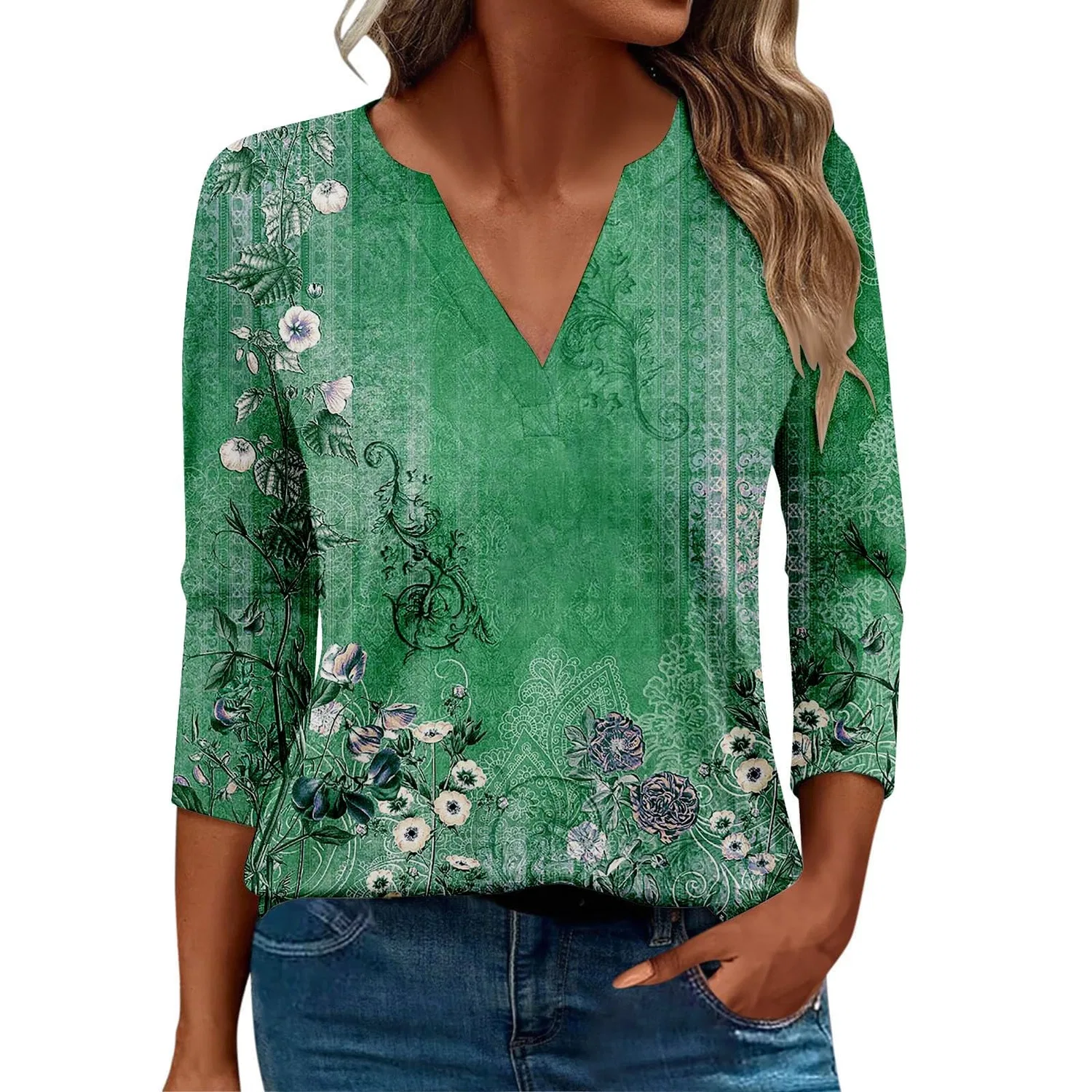 Женская блуза с принтом Women Blouses 3/4 Sleeve V Neck Casual Elegant Summer Boho Floral Print Blouses, 33#verde