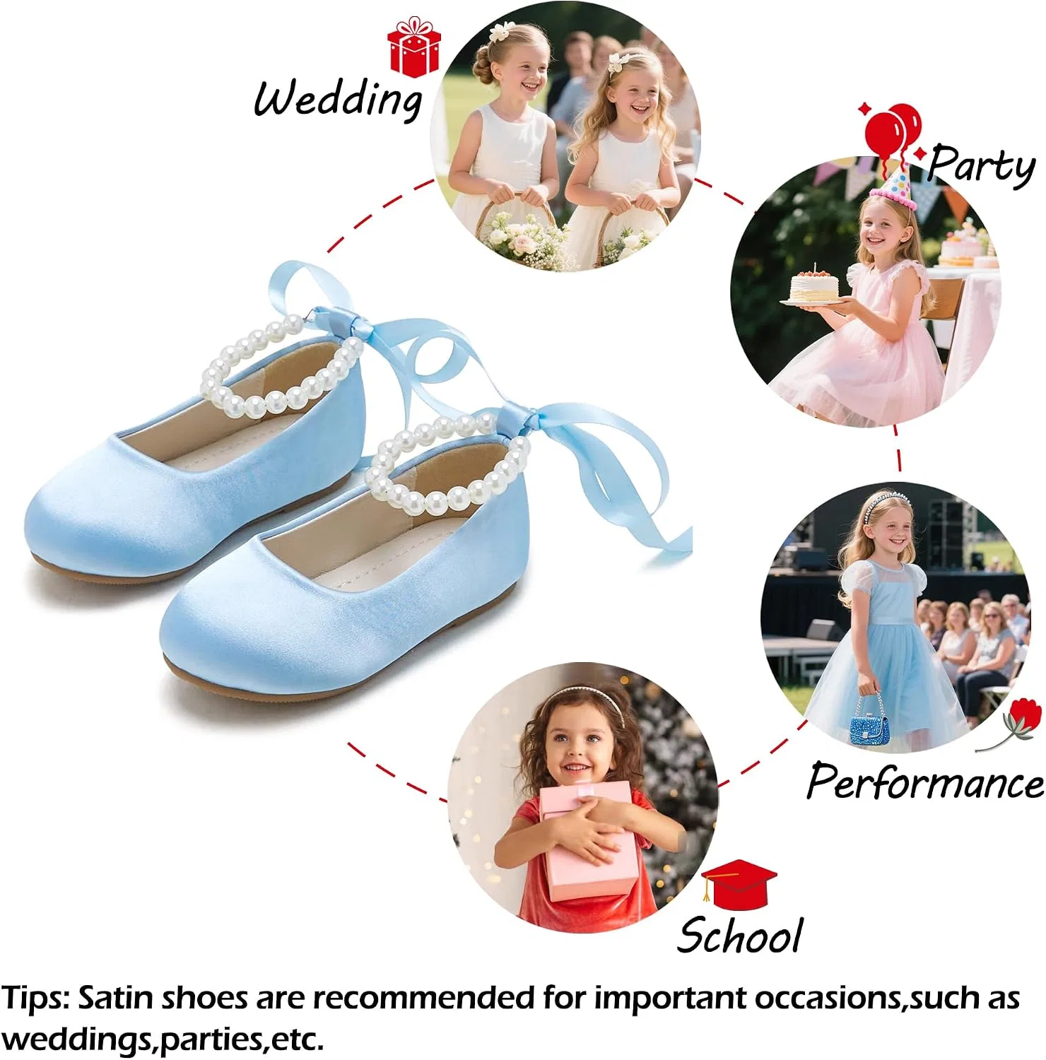 Детские туфли-балетки для девочек с жемчужным ремешком PHIRAMIN, Light Blue Pearl Strap — фото 4