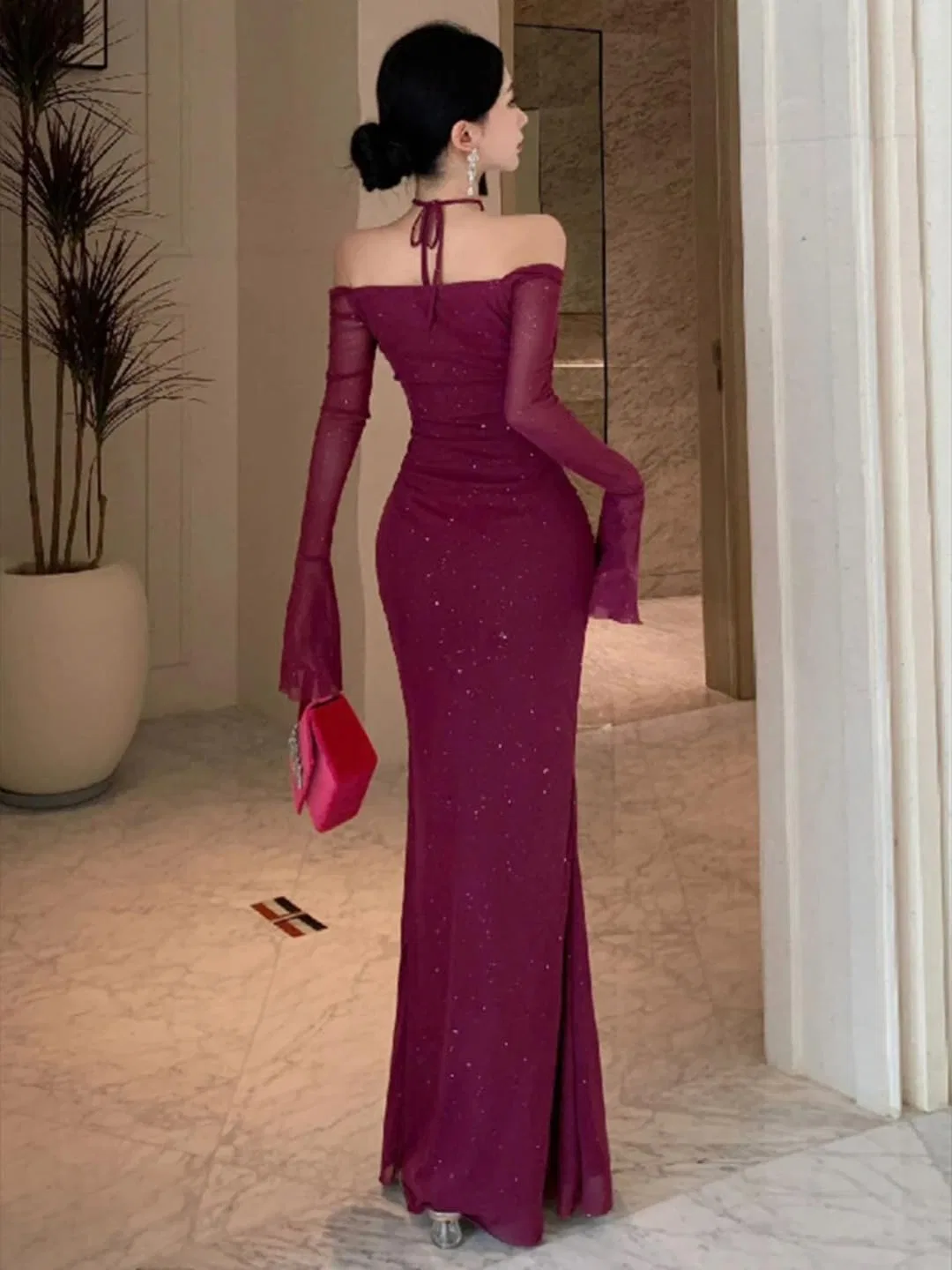 Женское вечернее платье-русалка с расклешенными рукавами, Purple — фото 3