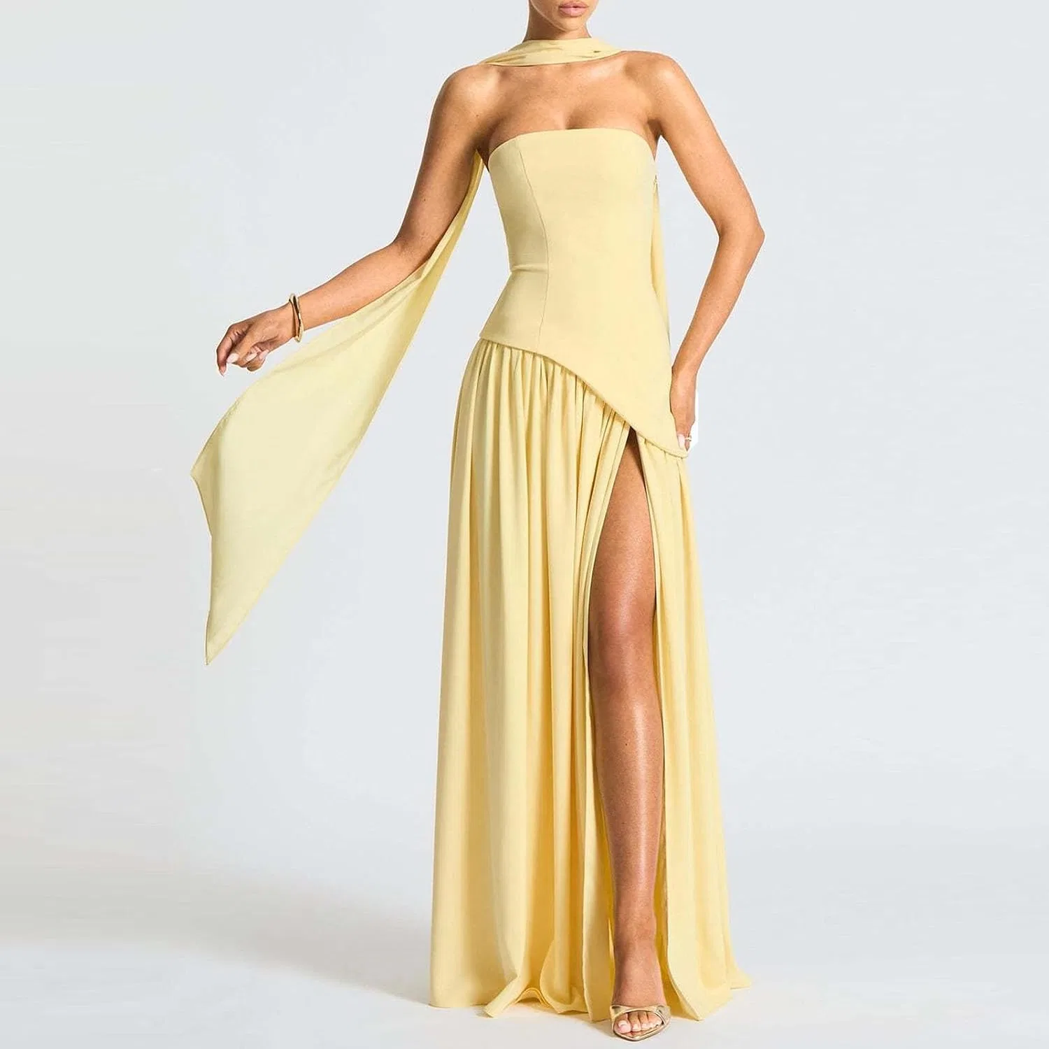 Женское вечернее платье из атласа с запахом, модель Elegant Satin Halter Gown, жёлтый — фото 4