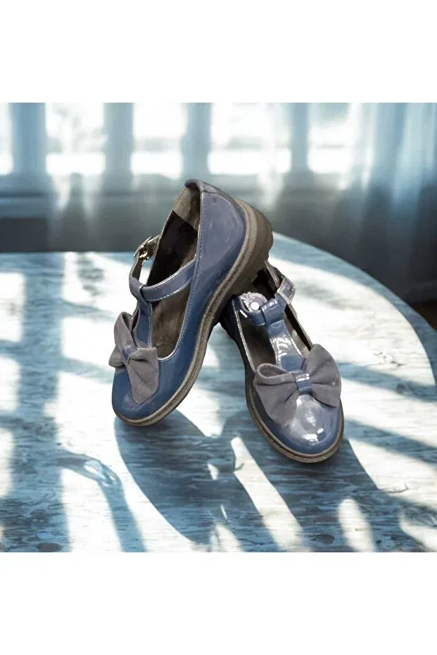 Детские туфли для девочек из экокожи с бантом Star Pearl Kids, Navy Blue