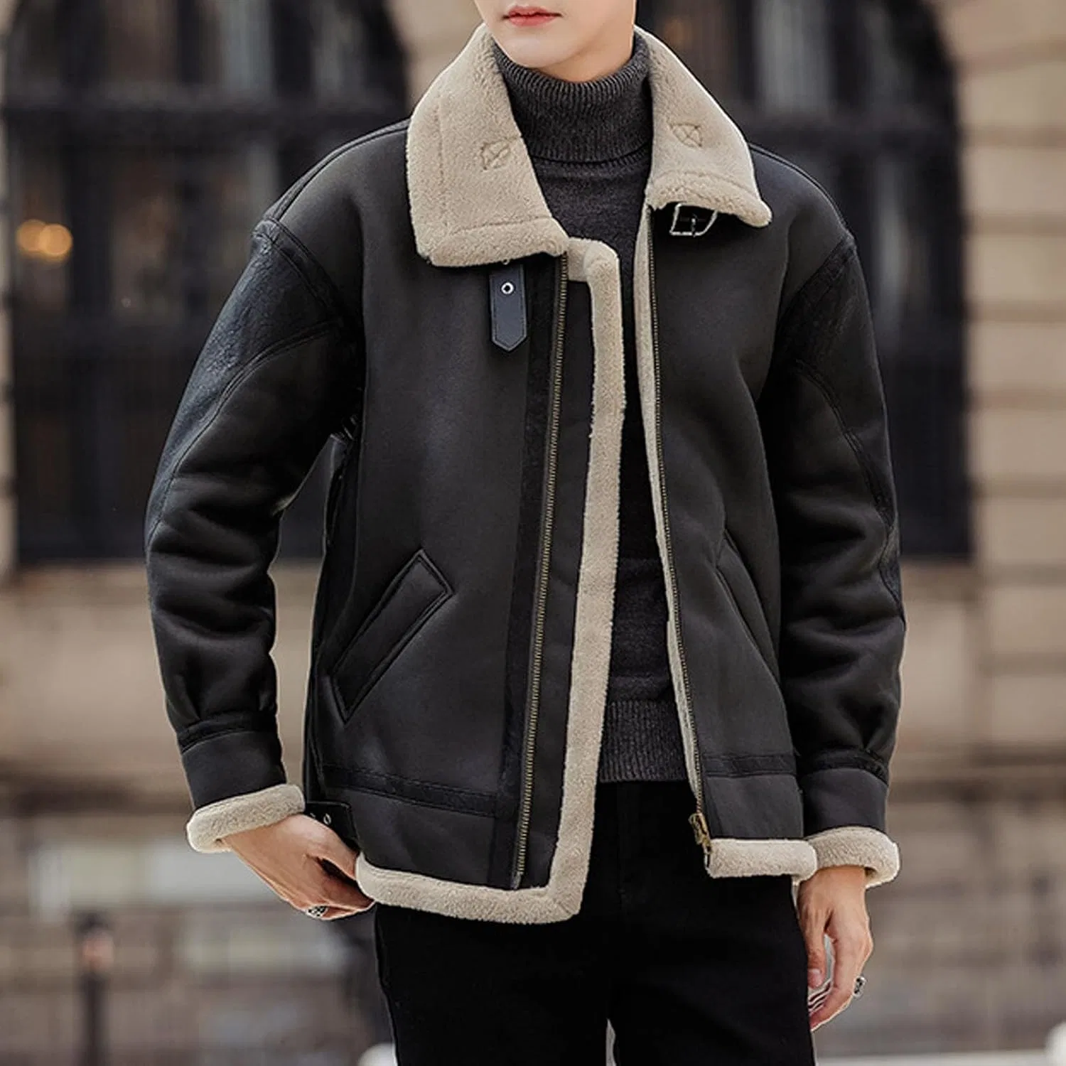 Мужская куртка из экокожи с длинным рукавом, на молнии, чёрный — фото 2