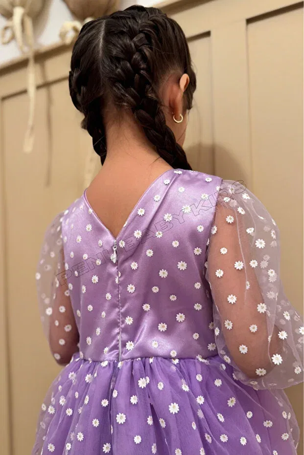 Детское платье для девочек с принтом Lilac Floral Patterned Tulle Skirt and Three Quarter Tulle Sleeve Baby Girl & Girl's Dress - Flower Penu Baby Kids, Lilac — фото 4