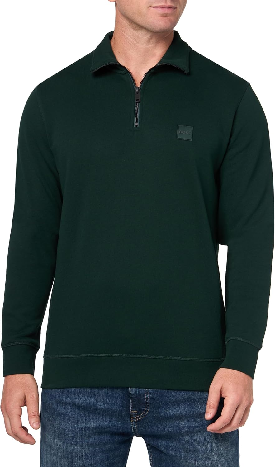 

BOSS мужской свитшот с логотипом на заплатке и молнией на четверть, Dark Forest Green