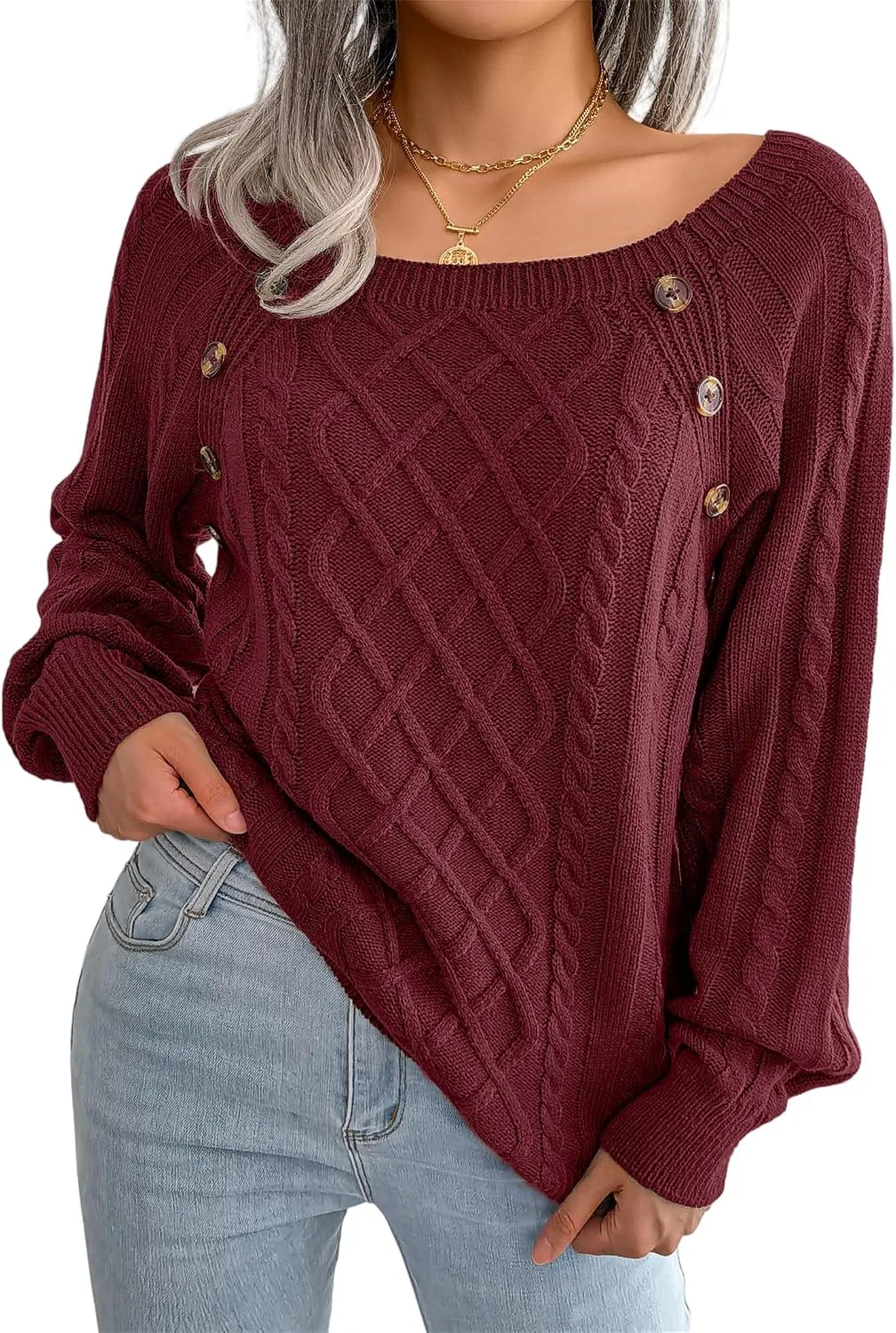 Женский свитер с круглым вырезом и пуговицами, модель Cable Knit Sweater, винный