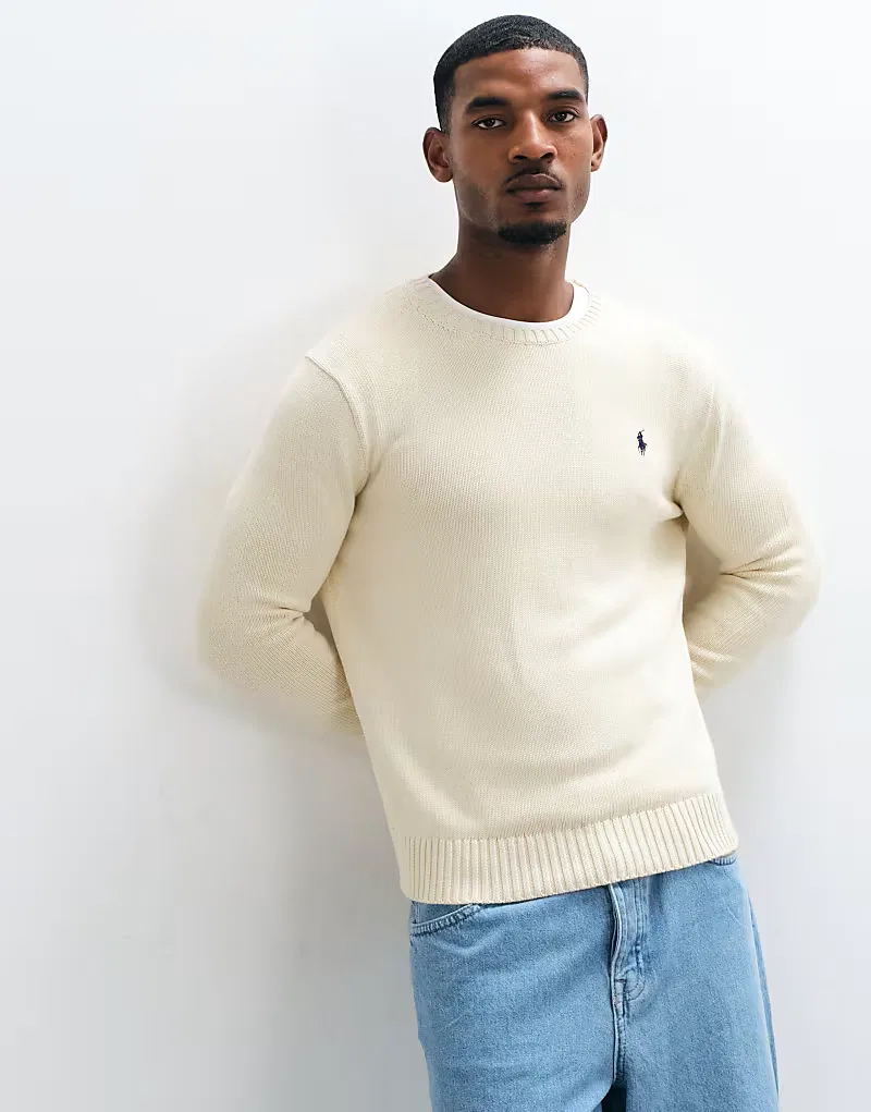 Вязаный джемпер Polo Ralph Lauren из плотного хлопка с логотипом Icon, кремовый — фото 4