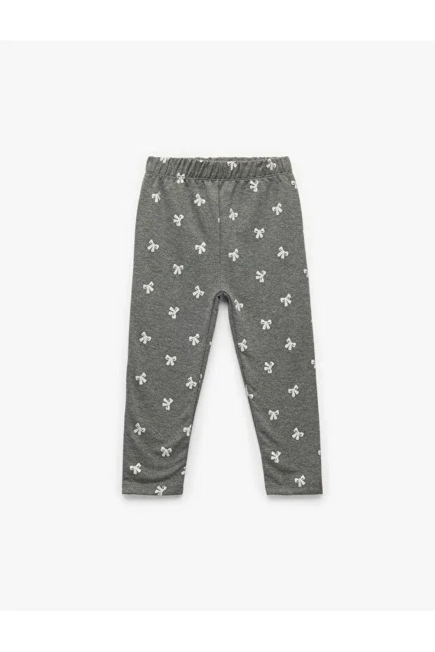 Детские леггинсы для девочек с принтом Raised Waist Elastic Waist Bow Patterned Leggings Koton, Anthracite Patterned — фото 2