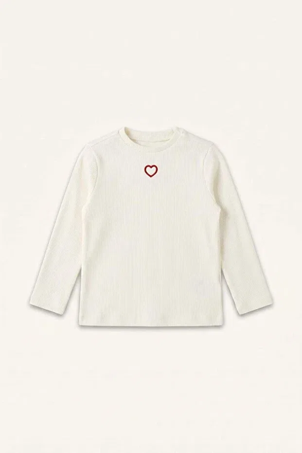 Детская футболка для девочек с принтом Heart Long Sleeve T-Shirt Defacto, Ecru