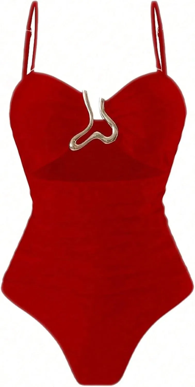 Женский цельный купальник с открытой спиной и поясом, Red — фото 4