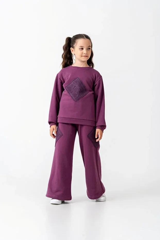 Детский комплект для девочек из футера с принтом Flared Piece Tracksuit Set Harika Kids, Purple — фото 2