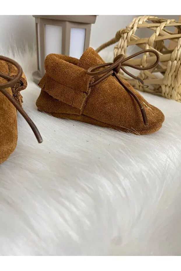 Детские мокасины для мальчиков с принтом Baby moccasin suede with name Betülün Diktikleri, Brown — фото 3