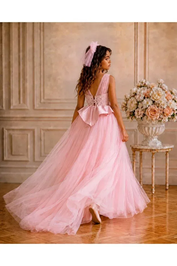 Детское платье для девочек с принтом Girl's pearl tulle evening dress By Feyza Kids Collection, Pink — фото 3