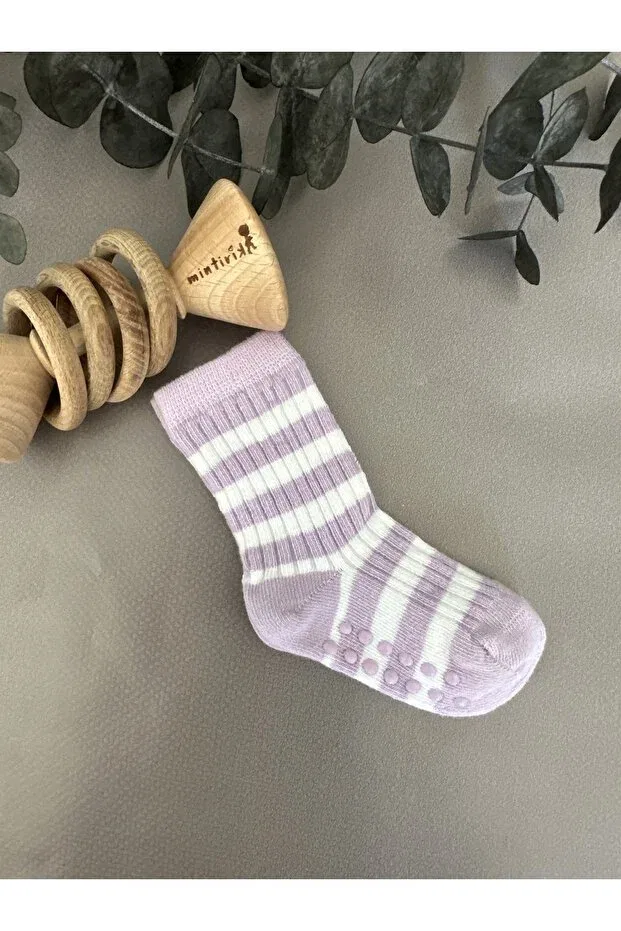 Детские носки для новорожденных с рисунком Bamboo corded baby socks anti-slip Mintirik, Lilac And White Stripes