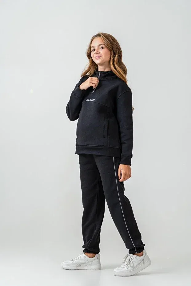 Детский комплект спортивного костюма для девочек с вышивкой New World Embroidered Mışıl Kids, Black — фото 4