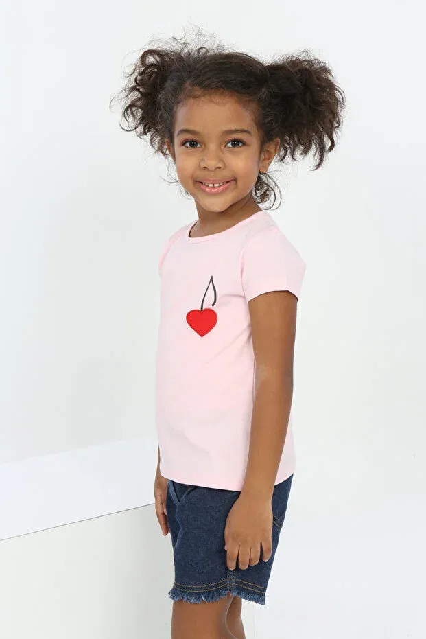 Детская футболка для девочек с принтом Embroidered Chest Musical Note Printed T-Shirt Toontoy, Light Pink — фото 3