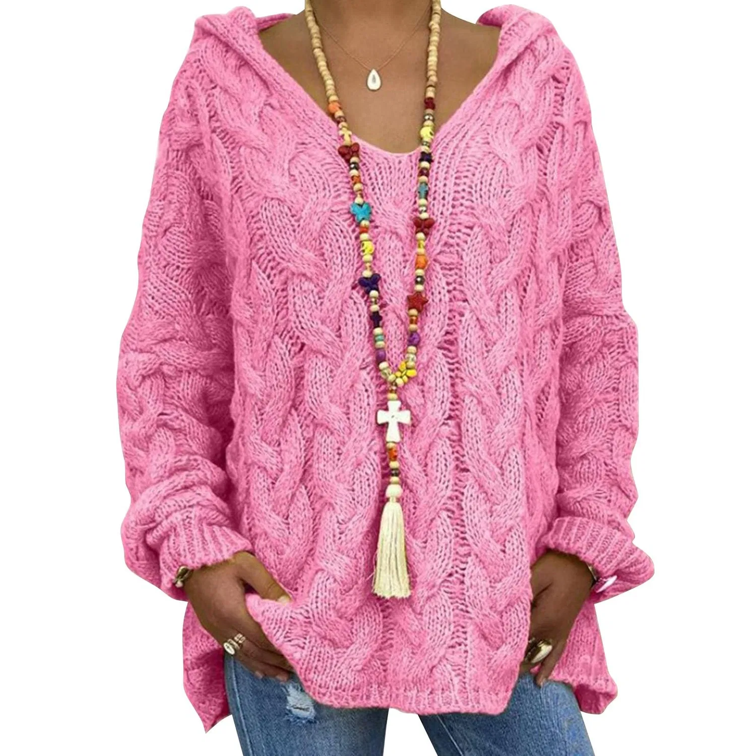 Женский свитер с V-образным вырезом Winter Warm Sweaters, Pink — фото 3