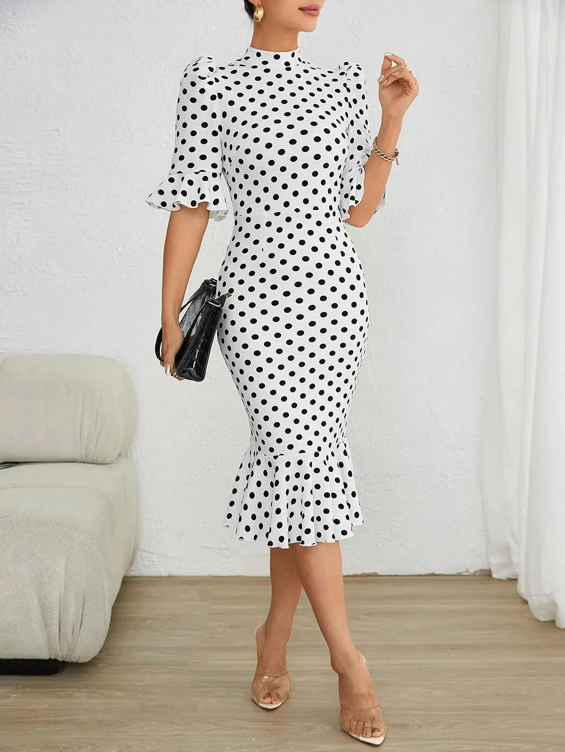 Женское повседневное платье миди с воланами, Dot Sleeve Hem, White — фото 3