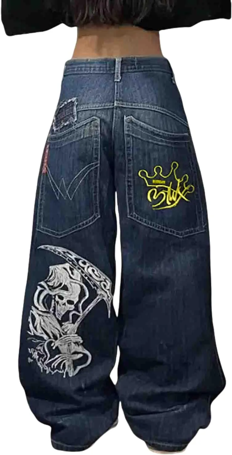 

Джинсы Y2K в стиле хип-хоп с принтом черепа Ethbox