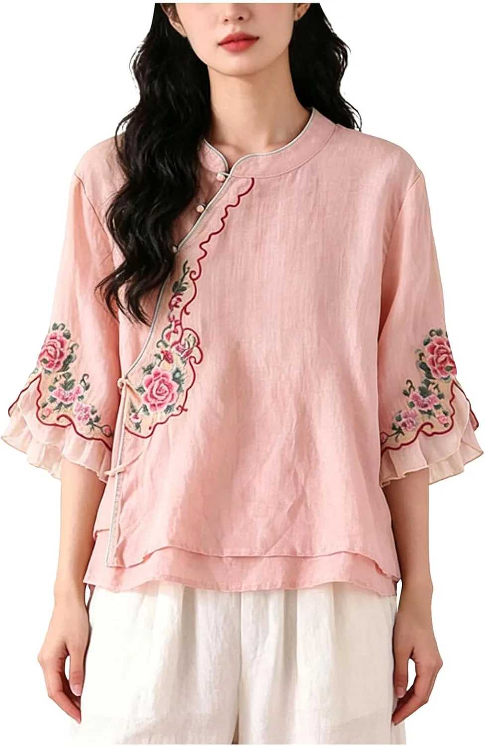Блуза из хлопка и льна с вышивкой Spring-Summer, розовый