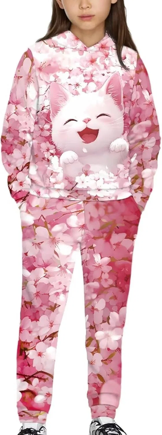 Детский спортивный костюм с капюшоном Pensura, 2 шт, Pink Cherry Blossom Cat