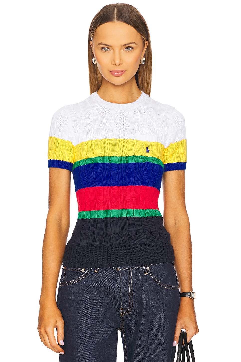 

Полосатый свитер с коротким рукавом и косой вязкой Polo Ralph Lauren, blue saturn multi