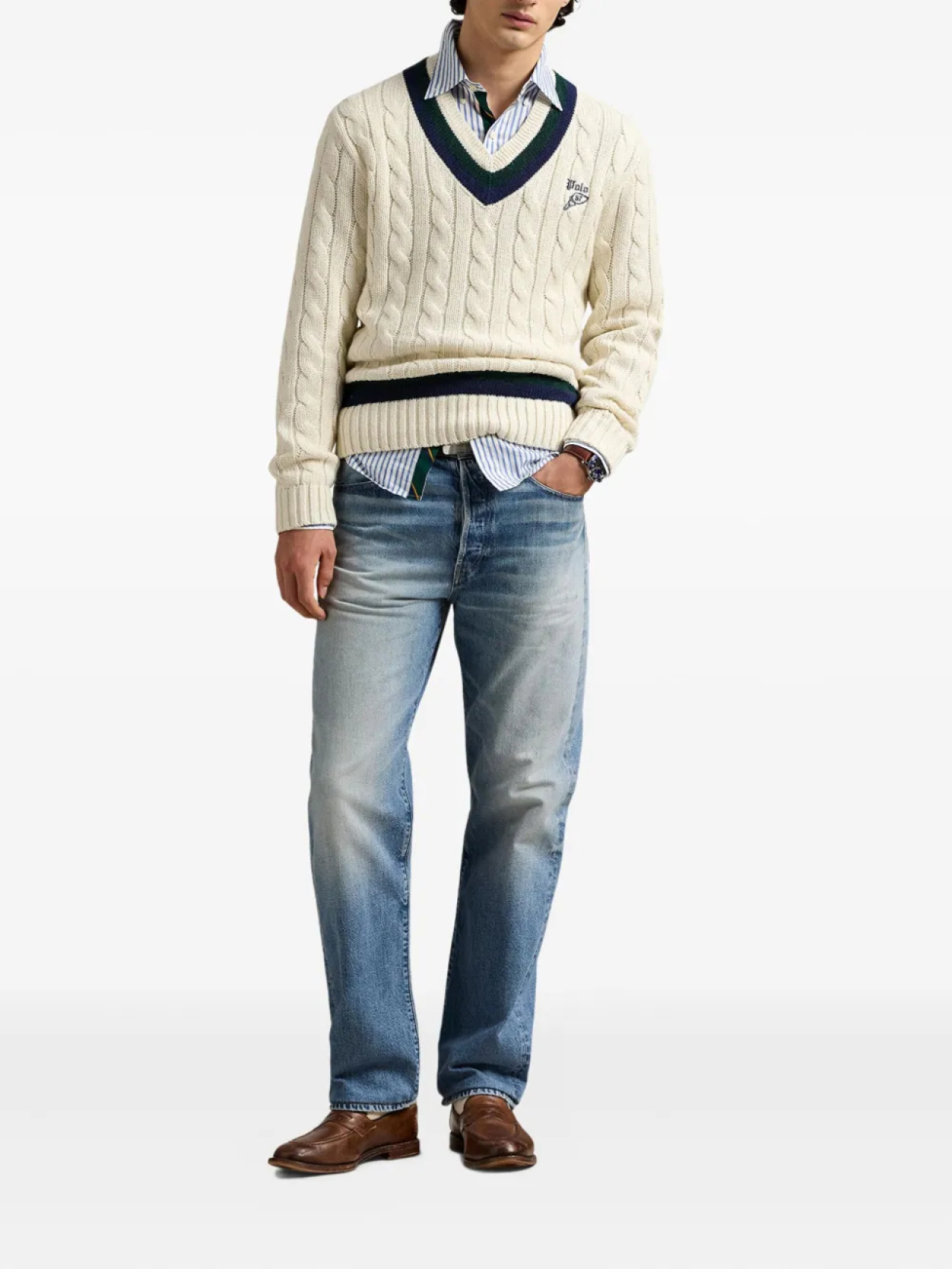 Свитер с вышитым логотипом и V-образным вырезом Polo Ralph Lauren, нейтральный — фото 2