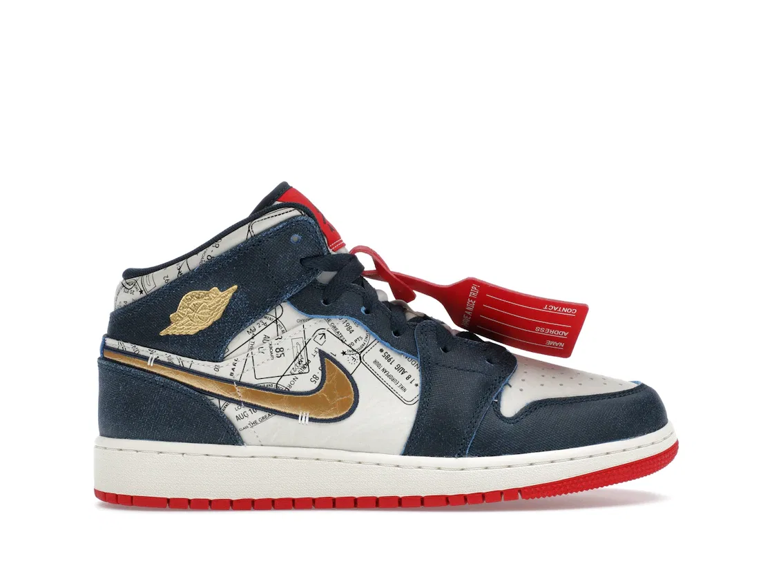 Детские кроссовки Lifestyle с принтом Jordan 1 Mid SE Jordan, Armory Navy/Metallic Gold/Pale Ivory/Sport Red/Black