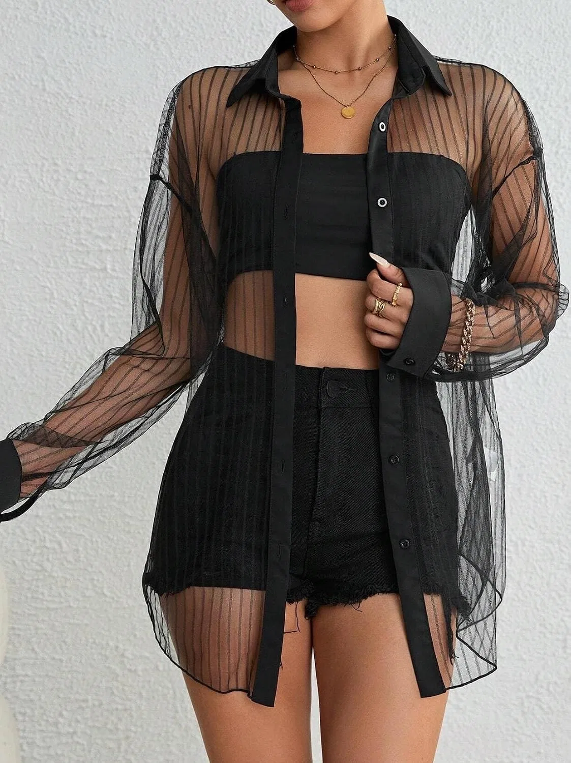 Женская блузка с принтом Drop Shoulder, Mesh, чёрный — фото 3