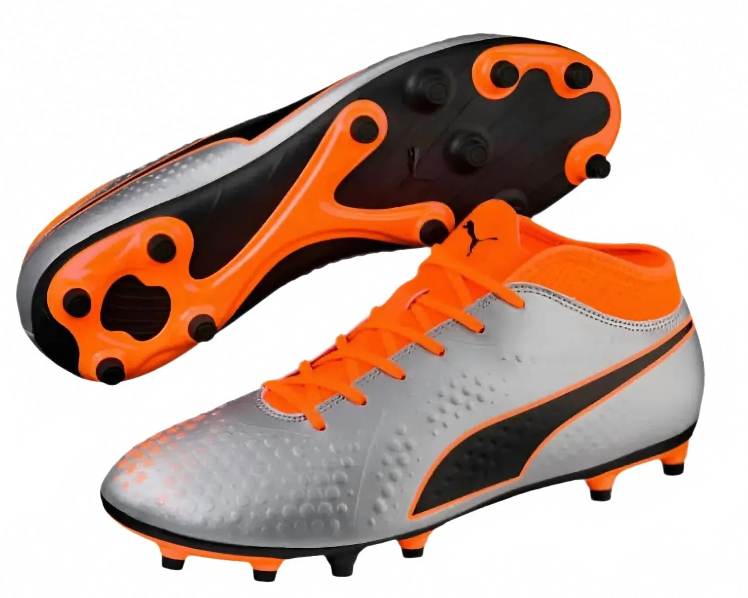 Детские футбольные бутсы для мальчиков на фиксированной подошве One 4 Syn Fg Jr Silver Shocking Orange Puma, Black — фото 4