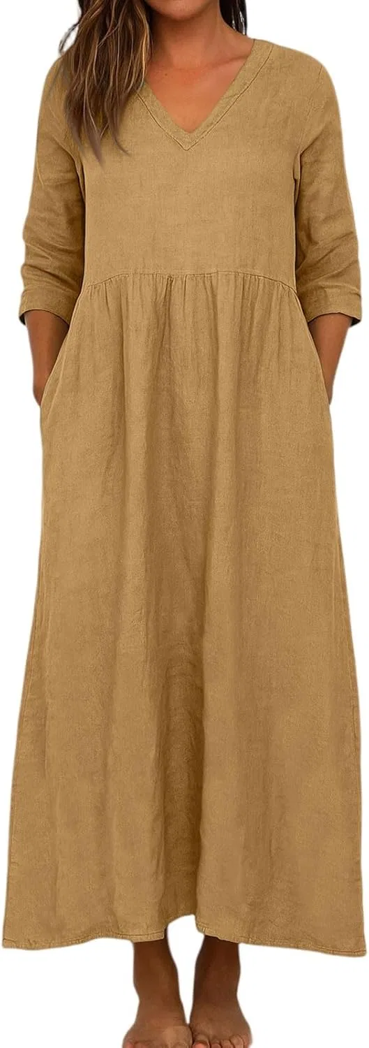 Женское платье макси с V-образным вырезом и рукавом 3/4, Khaki