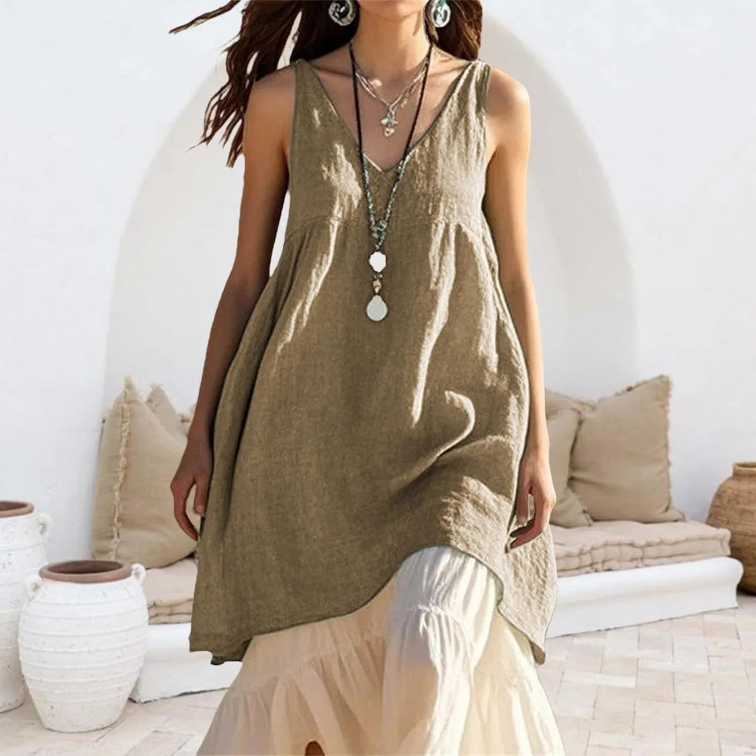 Женское летнее платье миди A-силуэта Cotton Linen, Khaki — фото 3