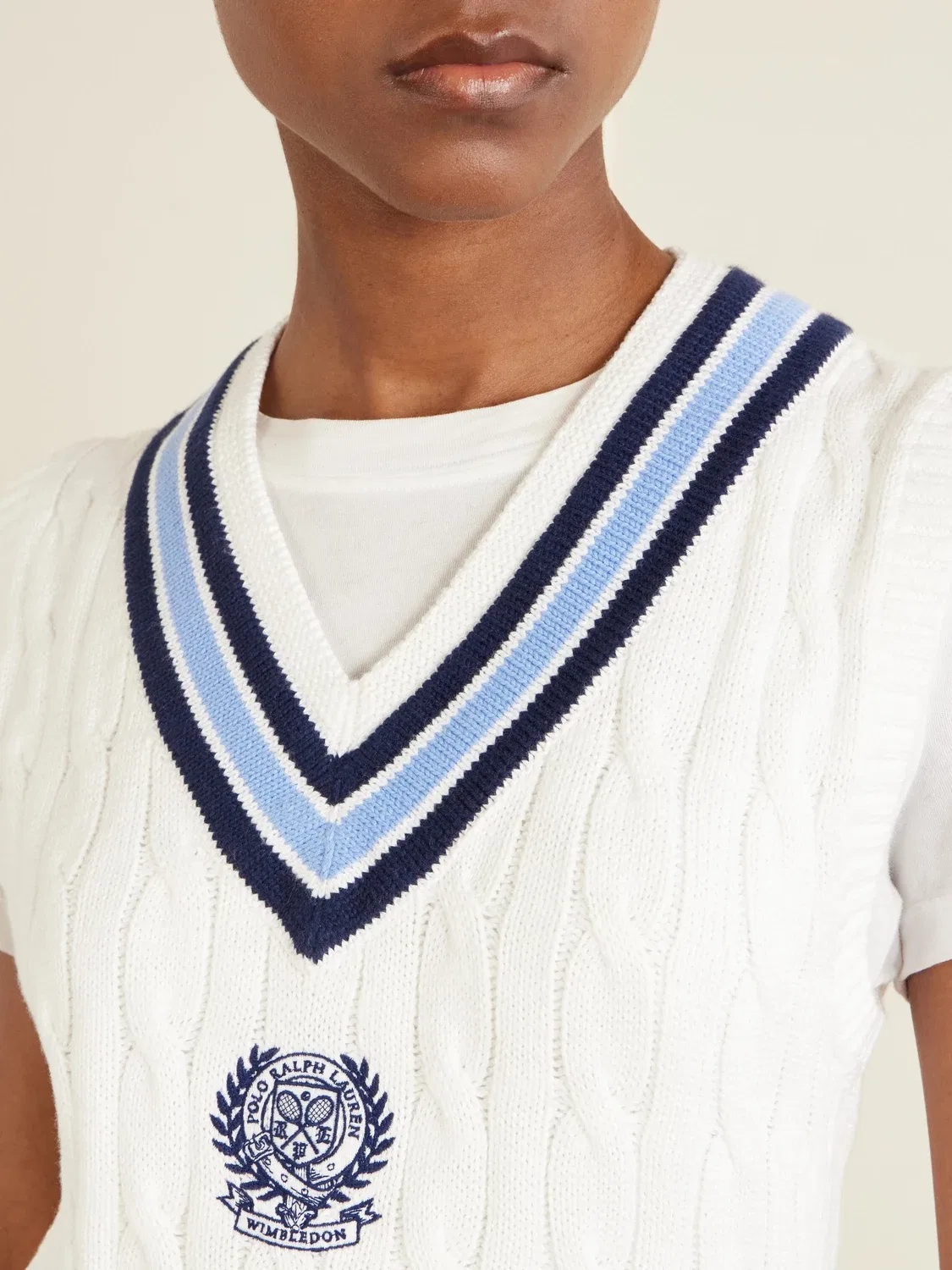 Вязаный хлопковый жилет с вышитым логотипом Wimbledon и косами POLO RALPH LAUREN, бежевый — фото 4