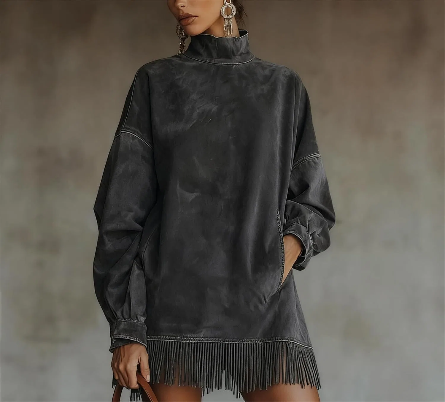 Женское платье мини с бахромой и высоким воротом, Black — фото 4