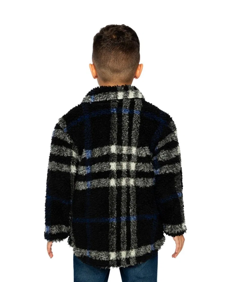Утепленная фланелевая рубашка-оверширт с принтом в клетку Deux par Deux, Black And Blue Plaid — фото 4