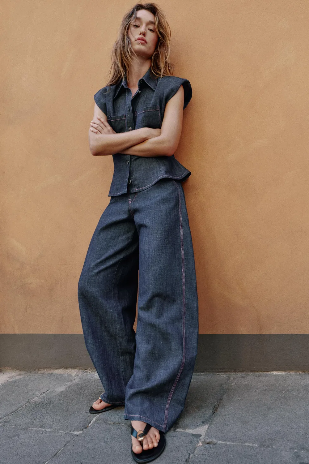 Льняные бочкообразные брюки ZARA, Indigo