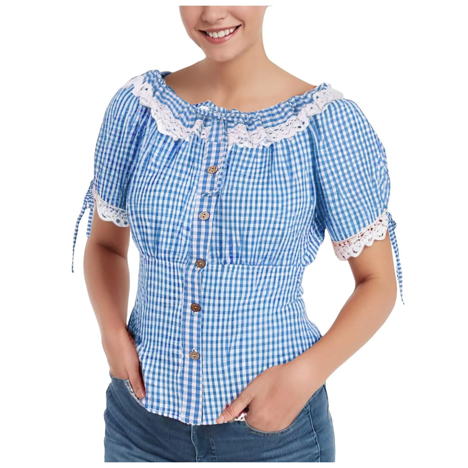 Женская блузка в клетку с круглым вырезом Oktoberfest, Sky Blue