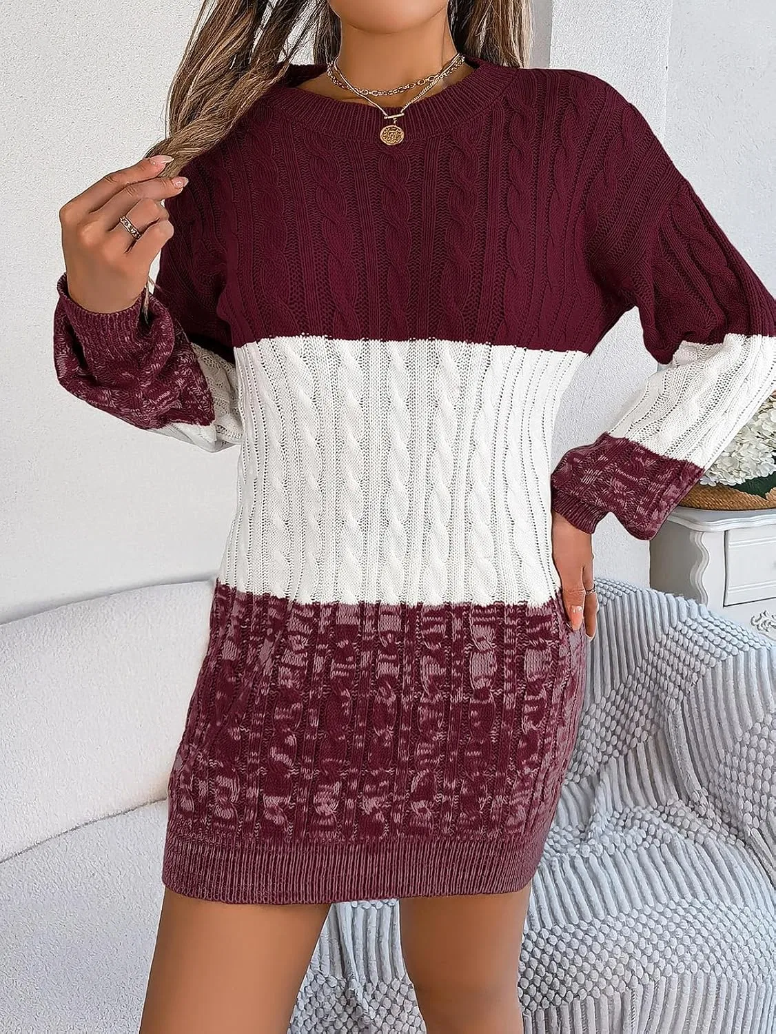 Женское облегающее платье-свитер с цветовым блоком Puff Sleeves, 10 — фото 4