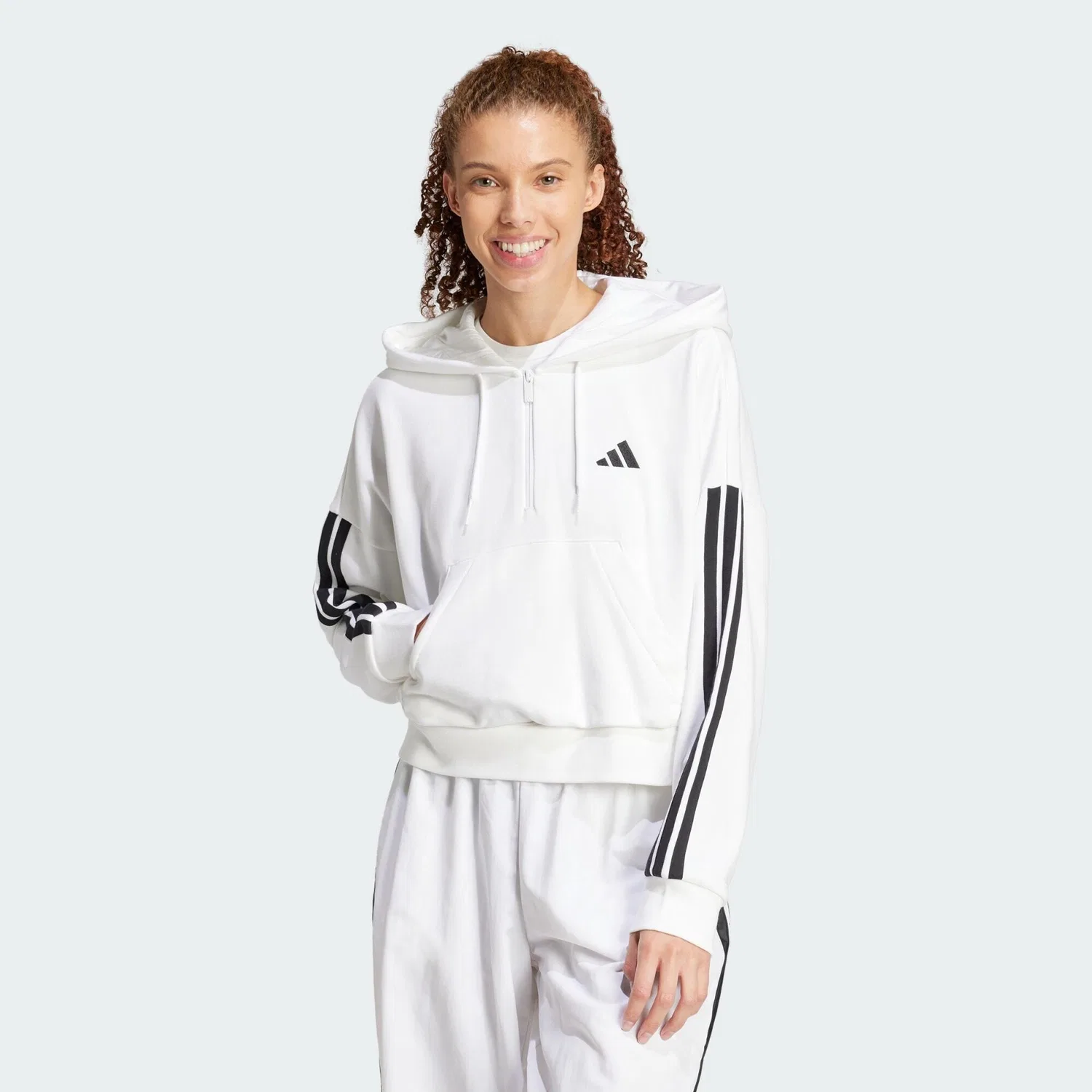 Мужское худи с флисовой подкладкой Essentials 3-Streifen French Terry Quarter-Zip Hoodie Adidas, Weiss Schwarz — фото 2
