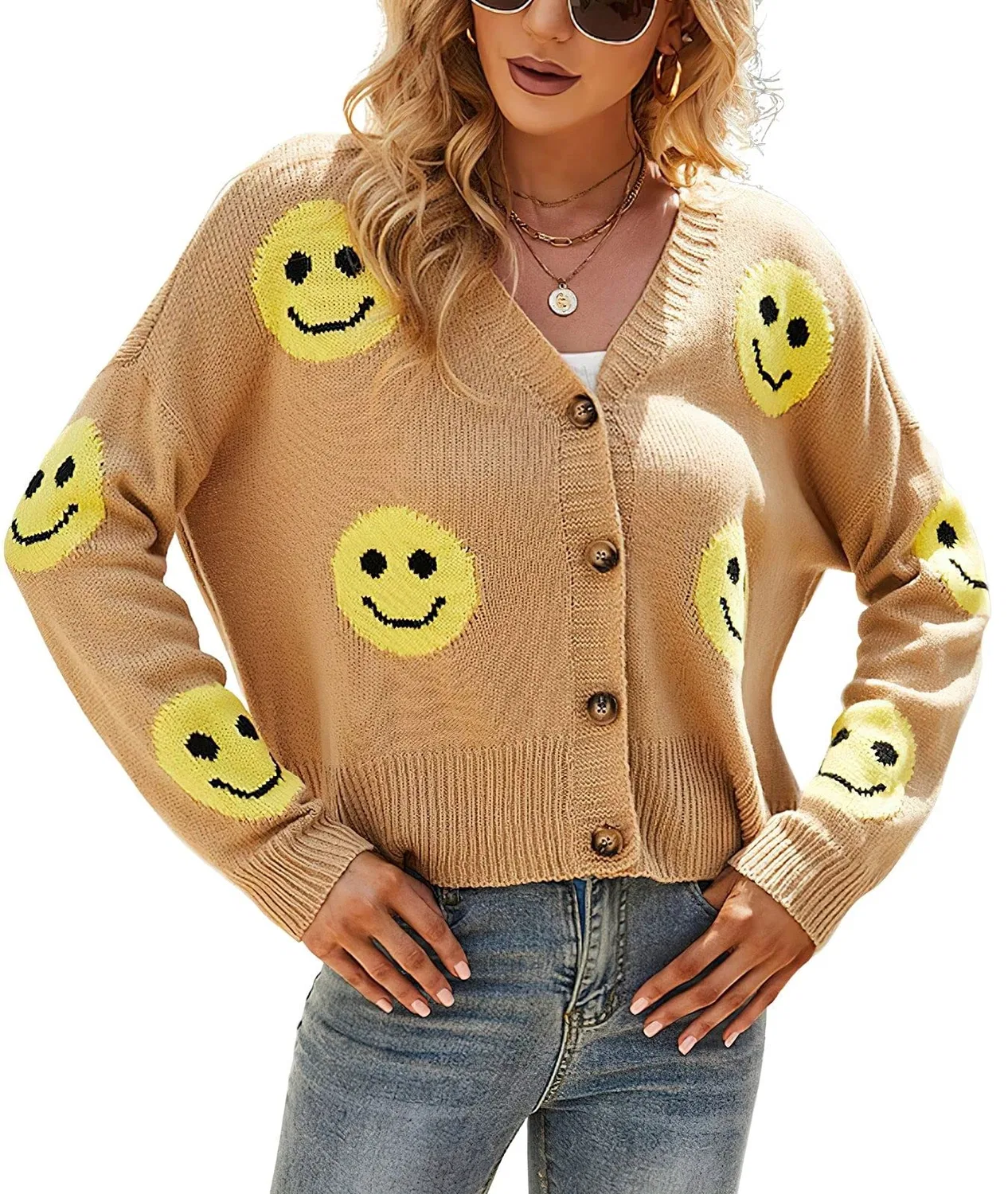 Женское вязаное пальто-кардиган с принтом Daisy Cute Cute Smiling Graphic, 01 Khaki