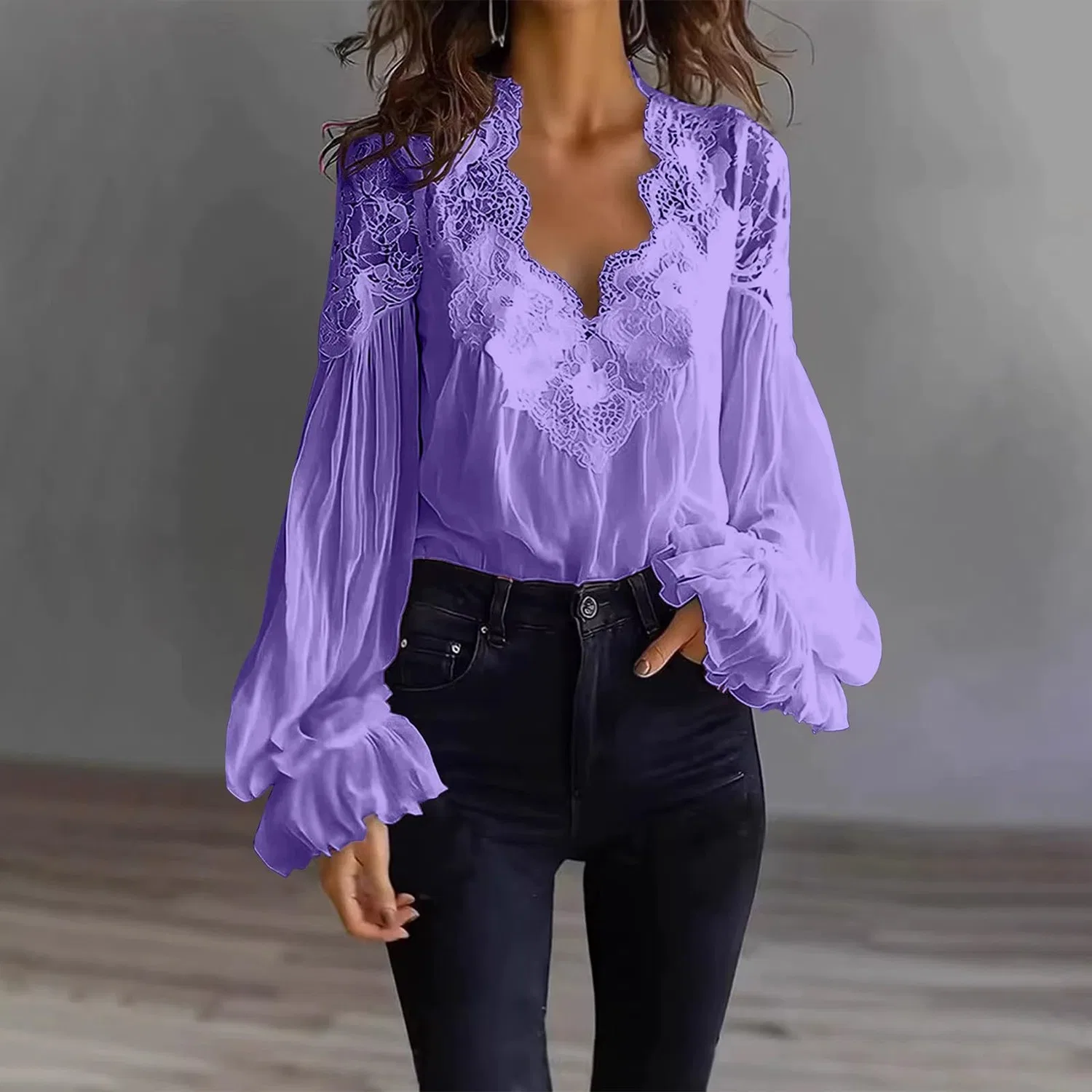 Женская блуза винтажная с колокольчиковыми рукавами HUIFUAO, Z11 Purple — фото 3