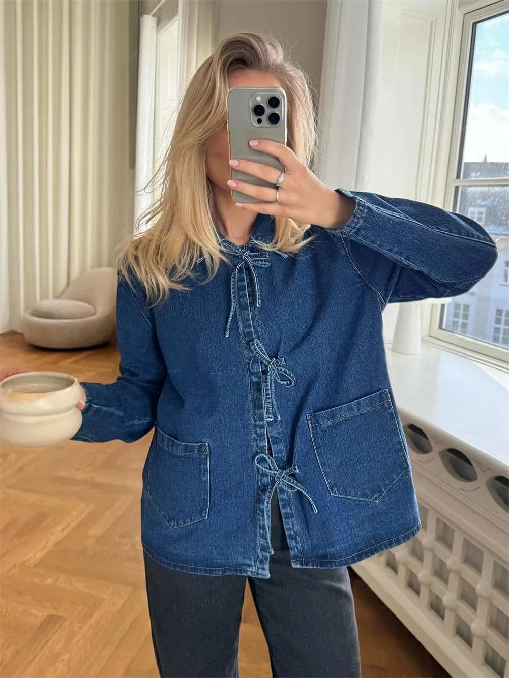 Женская джинсовая куртка с завязкой спереди, dark blue — фото 2