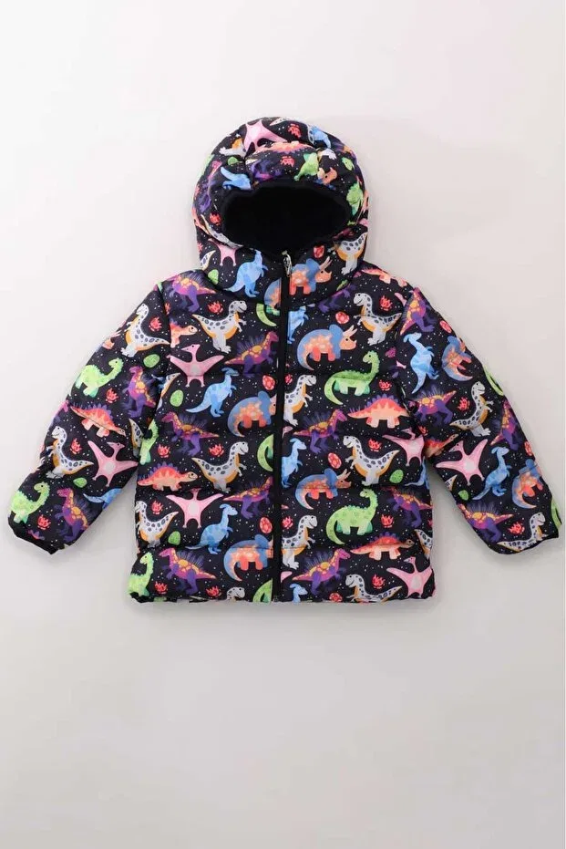 Детское пальто для девочек с принтом Inner Fleece Hooded Dinosaur Pattern Digital Printed Winter Inflatable Coat & Coat RB-105 Generic Brands, Colored — фото 2