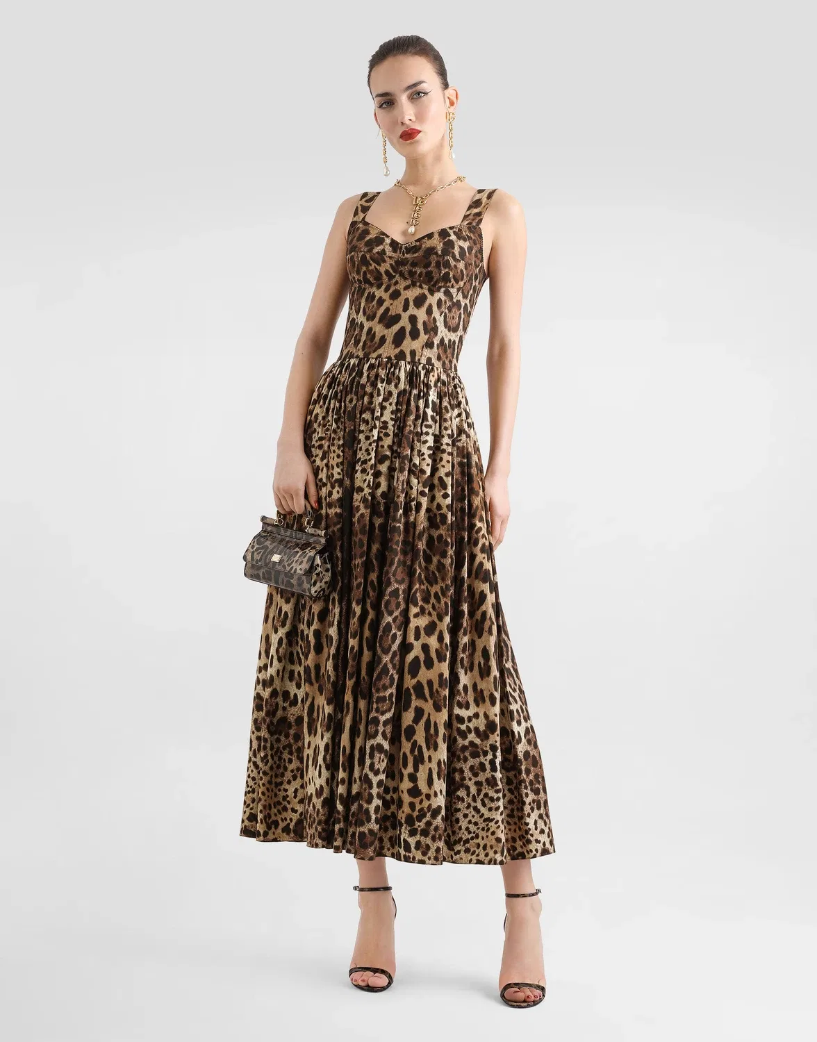 Платье из поплина с леопардовым принтом Dolce & Gabbana, коричневый — фото 2