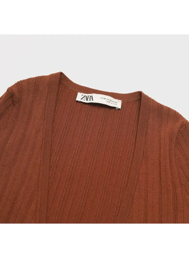 Кардиган вязаный с длинным рукавом и поясом Zara, темно-коричневый — фото 4