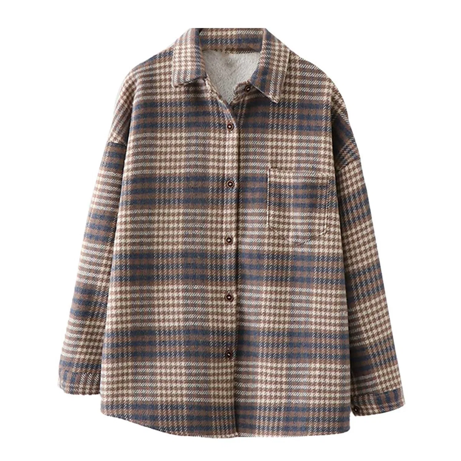Женское пальто с принтом Autunno/Inverno Caldo Plaid Camicia con Sciolto Monopetto Cappotto Donna Giacche di Formato Alto, Blu