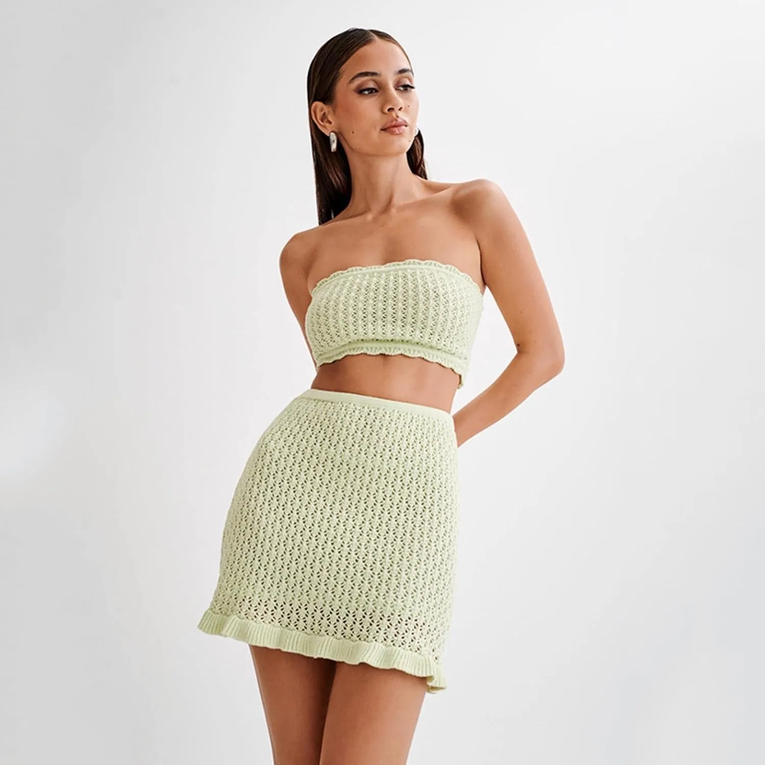 Женский богемный вязаный комплект из топа и юбки с кружевным узором, Light Green — фото 4