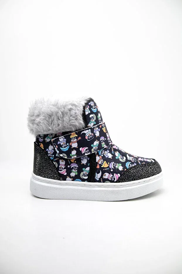 Детские ботинки для девочек с мехом Life girl's fur lined - printed light sole orthopedic boots Pingu, Black Penguin Print — фото 3