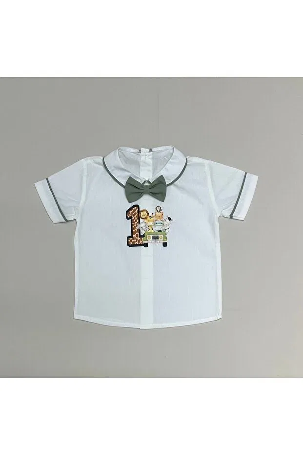 Детская рубашка для мальчиков с коротким рукавом с принтом Mildew Green Safari Concept Ribbed Shirt - Bow Tie Annerüyası, Mold Green White