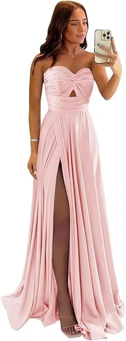 Женское атласное платье с разрезом и рюшами, Blush Pink