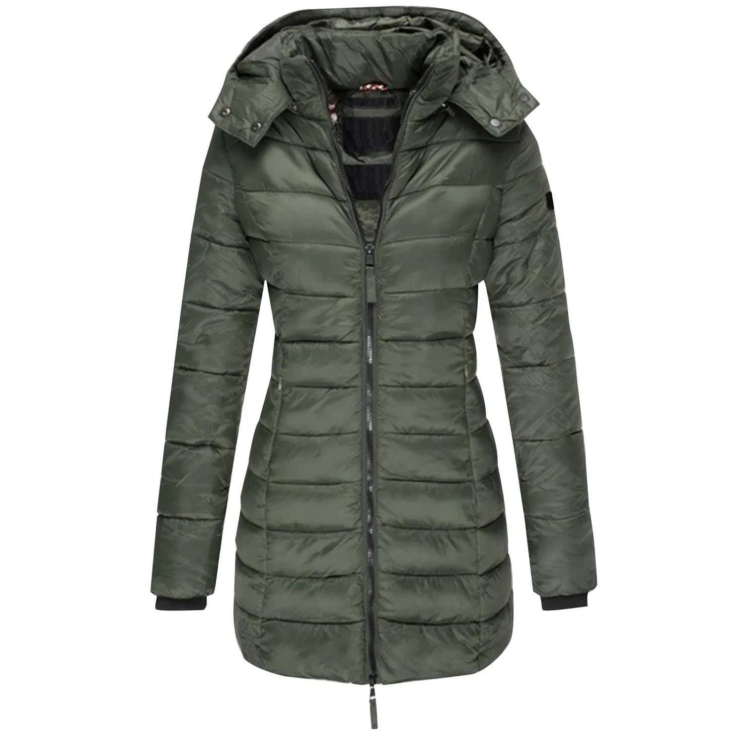 Женское зимнее пальто с капюшоном, стеганое, длинное, Warm Solid Color Quilted Down Jacket, green — фото 2